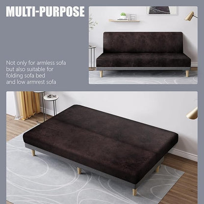 molasofa Leather Like Stretch Futon Slipcover Armless Futon Bed Sofa Cover Furniture Protector with Elastic Bottom, Soft and Washable Futon Cover for Sofa Bed Stay in Place（Medium，Chocolate）