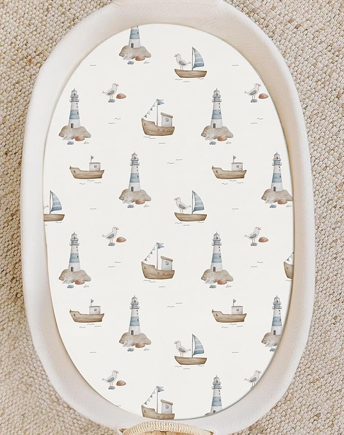 Bassinet Sheets for Baby Girls Boys 2 Pack, Fitted Baby Mattress Sheet for Rectangle, Oval, Hourglass Bassinet Mattress, Breathable Cozy & Universal Fit (Sailing Waves)