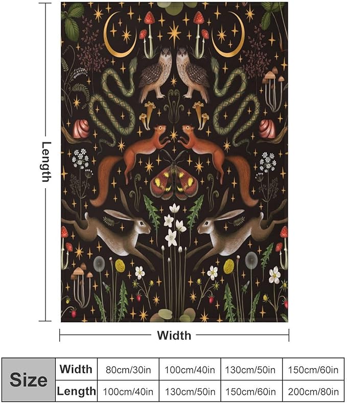 Rustic Forest Throw Blanket, Fairy Tale Forest Land Wild Animals Moths Flowers Moon Star Soft Flannal Blanket for Adult Kids Bed Couch Sofa, 30"x40"