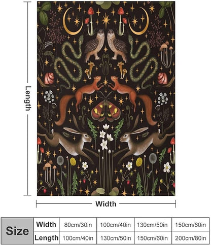 Rustic Forest Throw Blanket, Fairy Tale Forest Land Wild Animals Moths Flowers Moon Star Soft Flannal Blanket for Adult Kids Bed Couch Sofa, 30"x40"