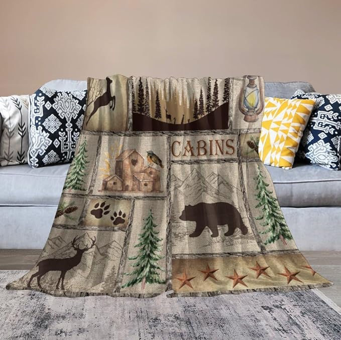 Rustic Cabin Bear Blanket, Lake Country Lodge Bear Deer Forest Farmhouse Camp Print Soft Warm Cozy Lightweight Decorative Blanket for Couch Bed Sofa Travel, 60"x80"