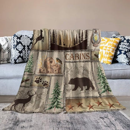Rustic Cabin Bear Blanket, Lake Country Lodge Bear Deer Forest Farmhouse Camp Print Soft Warm Cozy Lightweight Decorative Blanket for Couch Bed Sofa Travel, 60"x80"