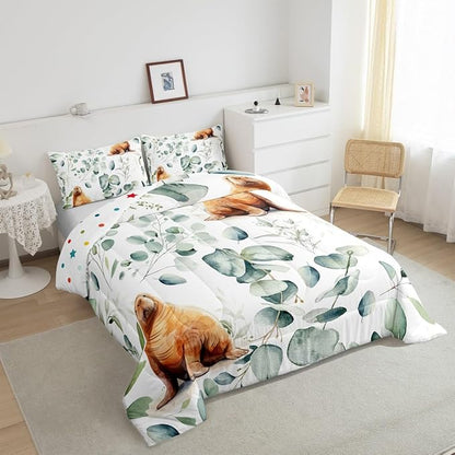 Erosebridal Cartoon Seal Full Size Comforter Set Toddler Ocean Wildlife Bedding Set, Spring Plant Down Comforter Eucalyptus Leaf Bed Set, Sea Animal Theme Quilted Duvet Kids Room Decor