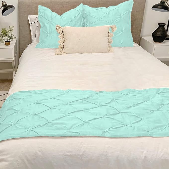 Bed Runner Set - 100% Pure Cotton 800 Thread Count - Luxury 1 Pinch Pleated Bed Runner and 2 Pillow Cover - 3 Piece Pinch Pleated Bed Runner Set California King, Aqua