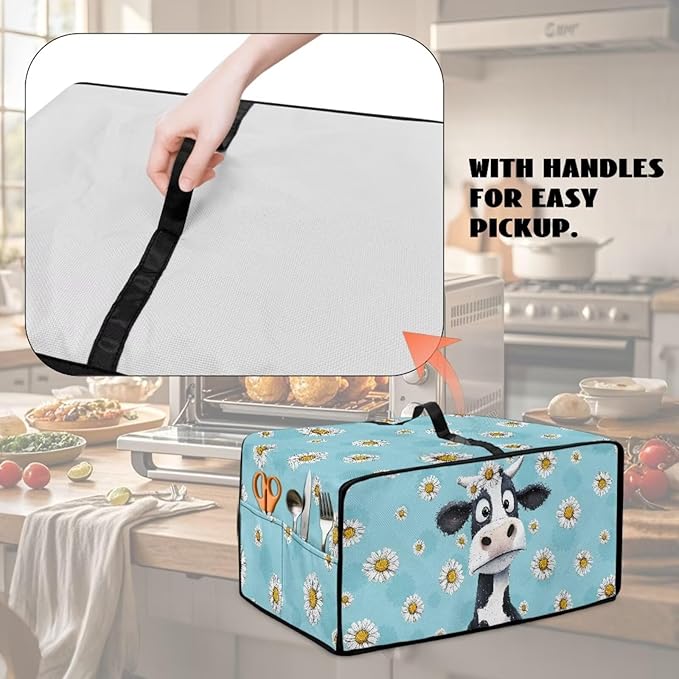 Air Fryer Toaster Oven Dust Cover with Side Pockets, Protective Smart Oven Cover for Kitchen Countertop Decorations, L, 18.5 x 22.5 x 13 Inches, Cow Daisy Light Blue