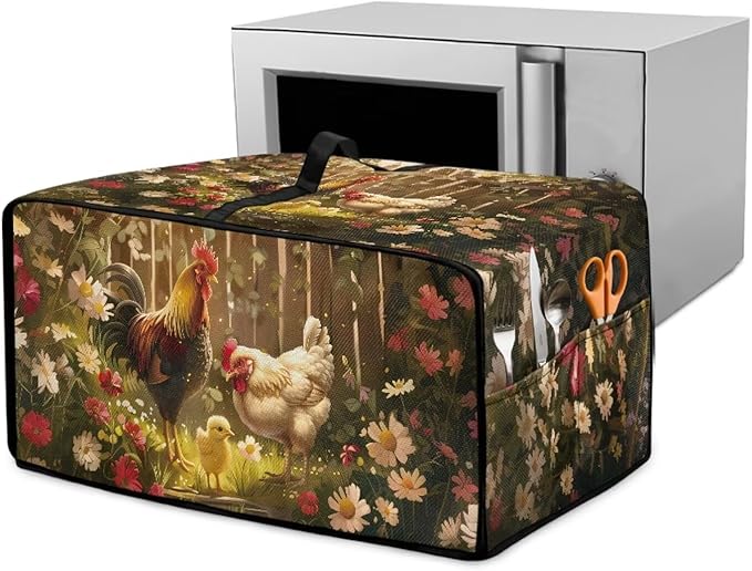 Air Fryer Toaster Oven Dust Cover with Side Pockets, Protective Countertop Microwave Oven Cover for Home Indoor Decor, L, 18.5 x 22.5 x 13 Inches, Rooster Chicken Daisy Print