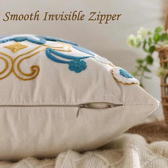 Embroidered Throw Pillow Cover 22x22 Classic Boho Floral Pattern Pillows Cover Outdoor Decorative Pillowcase,Durable Cozy Textured Cushion Case for Sofa Couch Bed Living Room,Teal