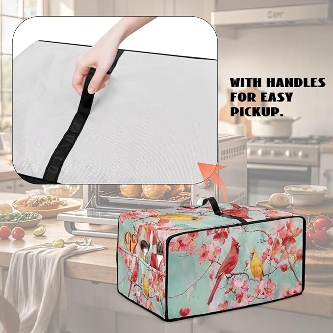 Cardinal Cherry Blossom Print Microwave Oven Cover Waterproof Dust-Proof Microwave Toaster Oven Cover with Storage Bags Universal Washable Decor Accessories for Kitchen, M