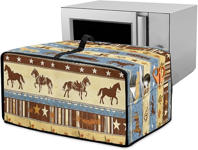 Horse Star Stipe Print Microwave Oven Dust Cover with Storage Bags Microwave Oven Grill Cover Protector Universal Reusable Decor Accessories for Kitchen, M