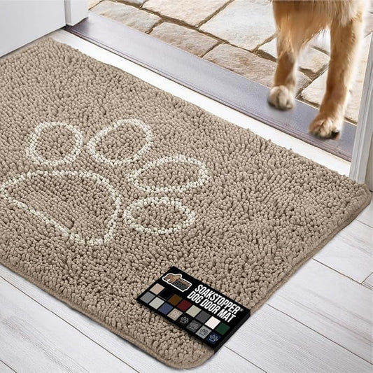 GORILLA GRIP SOAKSTOPPER Dog Door Mat, 35x24 Machine Washable Rug Absorbent Doormat Captures Moisture Mud Dirt, Quick Dry Soft Chenille Entryway Rugs Indoor Entrance Mats for Dog Paws, Paw Beige Ivory