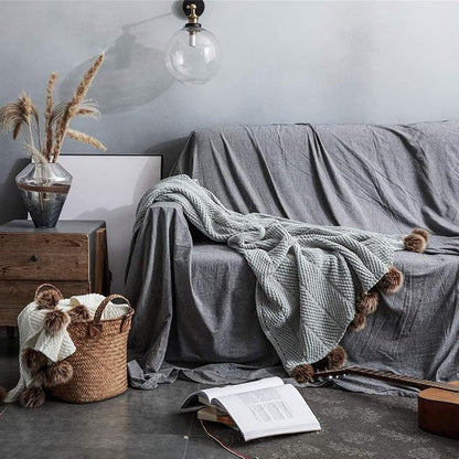 vctops Fur Pom Pom Knit Throw Blanket Super Soft Warm Cozy Cable Knitted Blanket for Sofa and Couch 51 x 63 Inch Light Grey