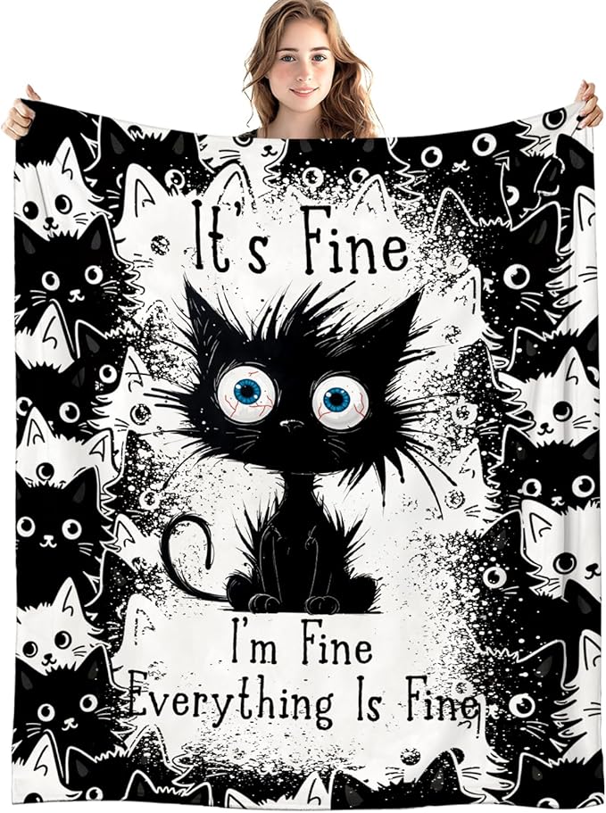 Funny Black Cat Blanket, It's Fine Everything is Fine Funny Throw Blankets for Home Bedroom Living Room Couch Bed Decor, Black Cat Mom Lovers Gifts for Women, 50x60 Inch
