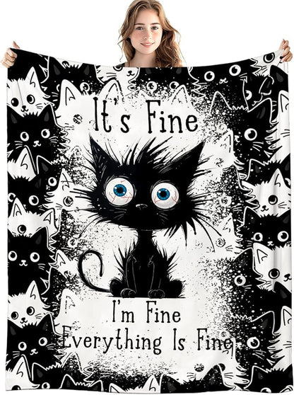 Funny Black Cat Blanket, It's Fine Everything is Fine Funny Throw Blankets for Home Bedroom Living Room Couch Bed Decor, Black Cat Mom Lovers Gifts for Women, 50x60 Inch