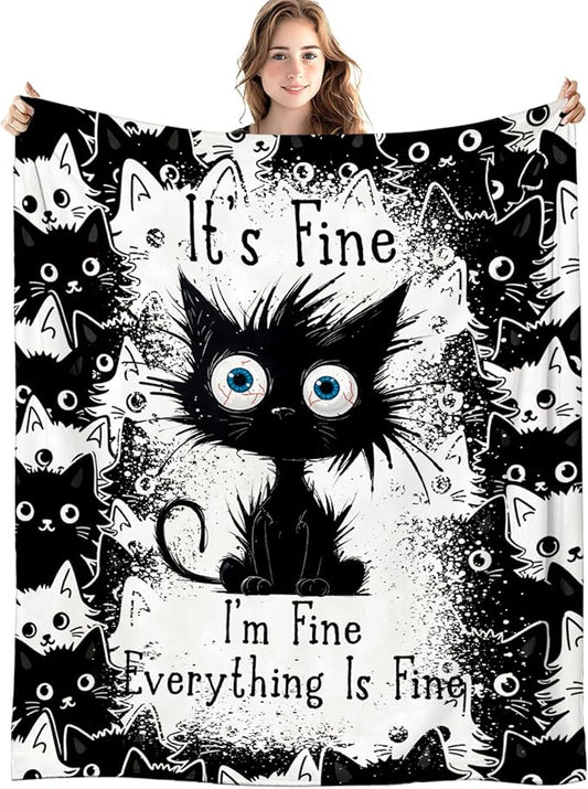 Funny Black Cat Blanket, It's Fine Everything is Fine Funny Throw Blankets for Home Bedroom Living Room Couch Bed Decor, Black Cat Mom Lovers Gifts for Women, 50x60 Inch
