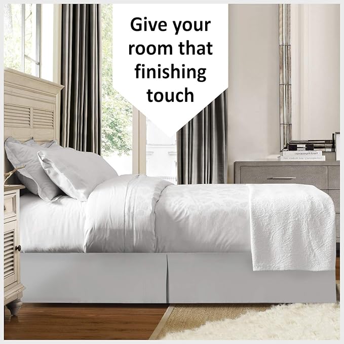 Bed Skirt - 100% Cotton 800 Thread Count Box Pleated Bed Skirt - Luxury Pleated Dust Ruffle, Hotel Quality Modern Bed Skirt, Easy Fit with 12 Inch Tailored Drop, California King, Light Grey