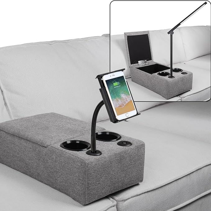 Sofa Armrest with Cup Holder Dual, Large Size Multifunctional Couch Arm Rest Insert, Removable Couch Caddy with Storage, Equipped with LED Reading Light & Wireless Charge Stand 02