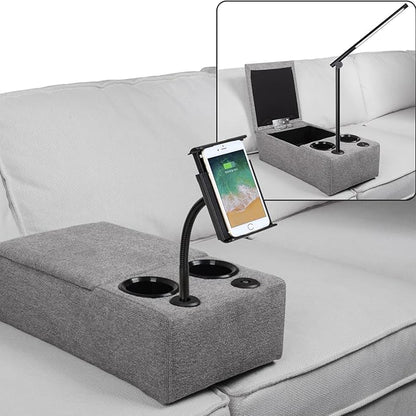 Sofa Armrest with Cup Holder Dual, Large Size Multifunctional Couch Arm Rest Insert, Removable Couch Caddy with Storage, Equipped with LED Reading Light & Wireless Charge Stand 02
