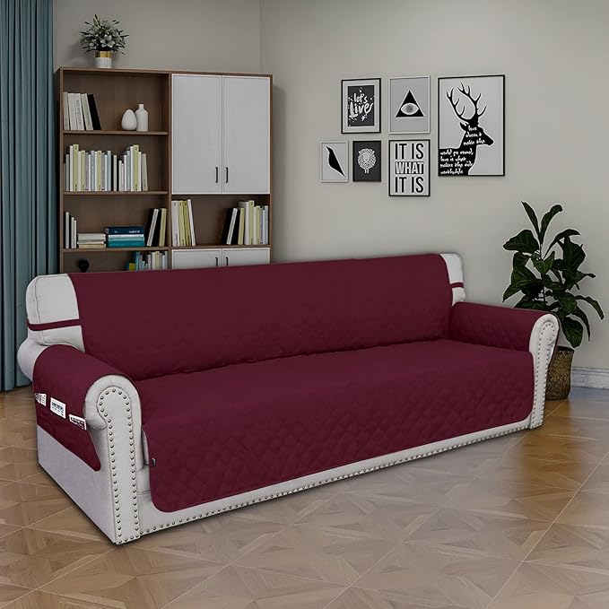 Easy-Going Sofa Slipcover Waterproof Sofa Cover Couch Cover for 4 Cushion Couch with Elastic Straps Washable Non-Slip Furniture Protector Cover for Pets, Dogs, Cat (XX-Large, Wine)