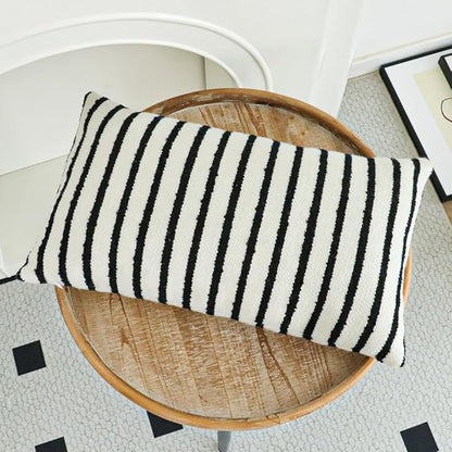 Jonhier White Striped Lumbar Boho Throw Pillow Cover, Modern Boucle Textured Rectangle Pillowcase for Sofa Couch Bed, Neutral Farmhouse Accent Decorative Cushion Cover for Living Room, 12 x 20 inch