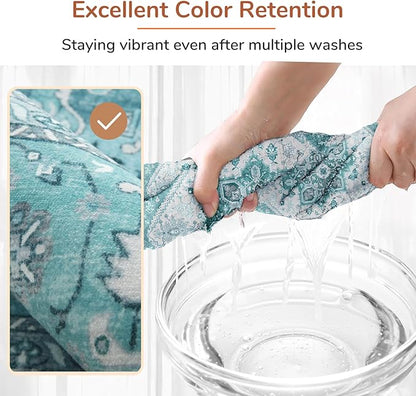 OPPODREAM Thin 8x10 Area Rugs, Washable Rugs 8x10 with Non Slip Backing, Faux Cashmere Low-Pile 8 x 10 Carpet, Teal & Turquoise & Cream
