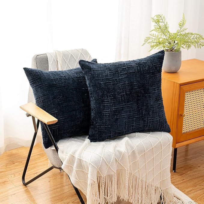 Decorative Throw Pillow Covers 22x22 Inch Set of 2, Soft Solid Farmhouse Chenille Couch Pillows, Spring Pillow Covers for Couch Sofa Bed Living Room Home Decor Pillowcase, Dark Blue