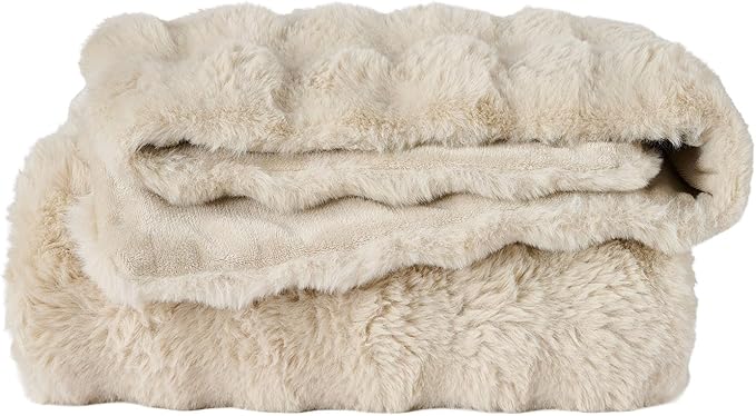 Lotus Karen Faux Fur Throw Blanket Linen - 800 GSM Bubble Rabbit Fluff Blanket for Couch Bed Sofa,Softest Fluffy Fuzzy Cozy Blanket,Thick Furry Plush Shaggy Warm Blankets for Women,60x80 Inches