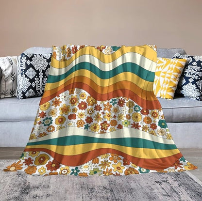 70s Retro Floral Throw Blanket, Boho Groovy Wavy Geometric Hippie Cute Flowers Yellow Orange Abstract Print Blanket for Holiday Theme Home Decor Bedding Couch and Gift 50"x60"