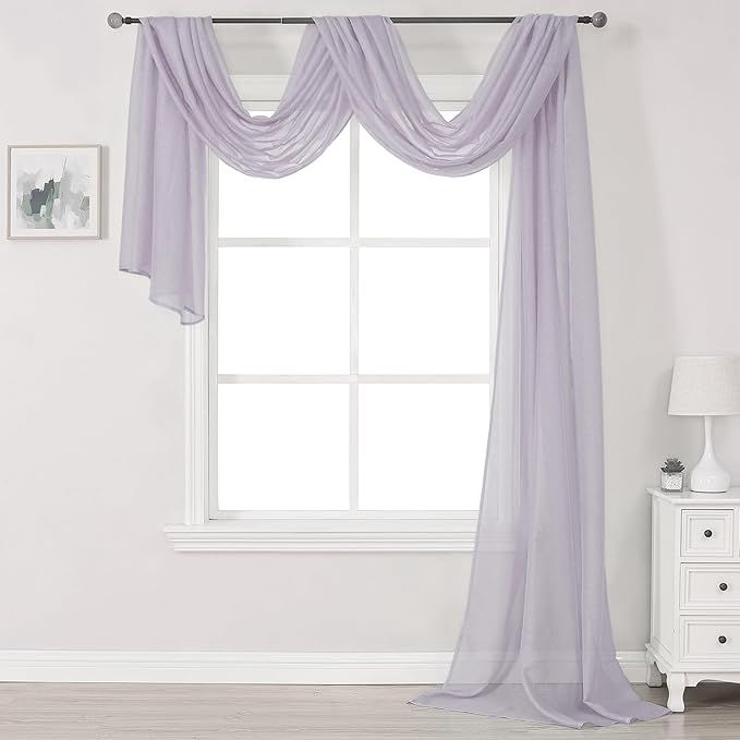 DONREN Lavender Purple Luxury Semi Sheer Window Scarf for Outdoor Decoration - Add Beautiful Elegant Effect to Curtain Drapes (1 Panel 34 by 216 Inch)