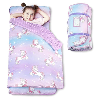 Toddler Nap Mat with Pillow and Minky Blanket, Large 55"x35" Sleeping Bag, Washable, Lightweight, Easy to Roll, Perfect for Preschool, Daycare, Kindergarten, Travel, Boys and Girls