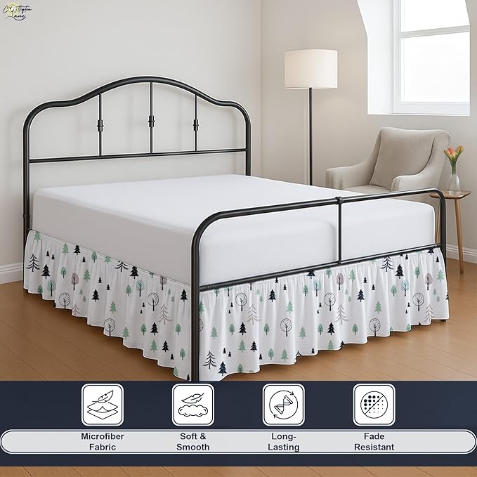 Cottington Lane Ruffled Bed Skirt Queen Size with Split Corner, Brushed Microfiber Hotel Quality Dust Ruffle, 21 Inch Drop Gathered Bedskirt, Soft, Stylish, Shrink & Fade Resistant, Winter Forest