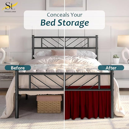 Shreem Linen Ruffled Bed Skirt with Split Corners, Gathered Style, 100% Microfiber, 8-Inch Drop, Dust Ruffle Bedskirt with Platform, King, Burgundy