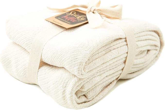 Sticky Toffee Cotton Throw Blanket, 60 x 50 Inch, Ivory Cream Herringbone Weave, Soft Lightweight Woven Blanket for Couch, Boho Farmhouse Style