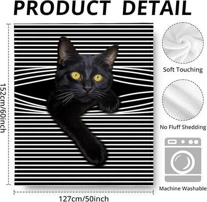 Funny Black Cat Blanket, Funny Cats Black and White Striped Throw Blankets for Home Bedroom Living Room Couch Bed Decor, Black Cat Mom Lovers Gifts for Women, 50x60 Inch