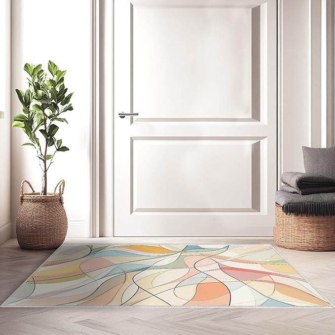2x3 Colorful Entryway Area Rug Blue White Pink Yellow Bathroom Rug Non Slip Machine Washable Low Pile Small Carpet Kitchen Bedroom Door Mat Entrance