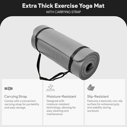 BalanceFrom GoCloud 71x24 Inches Extra Thick Yoga Mat 1-Inch High-Density Foam – Roll-Up Exercise Pad with Double-Sided Non-Slip Surface and Carrying Strap for Pilates and Home Workouts