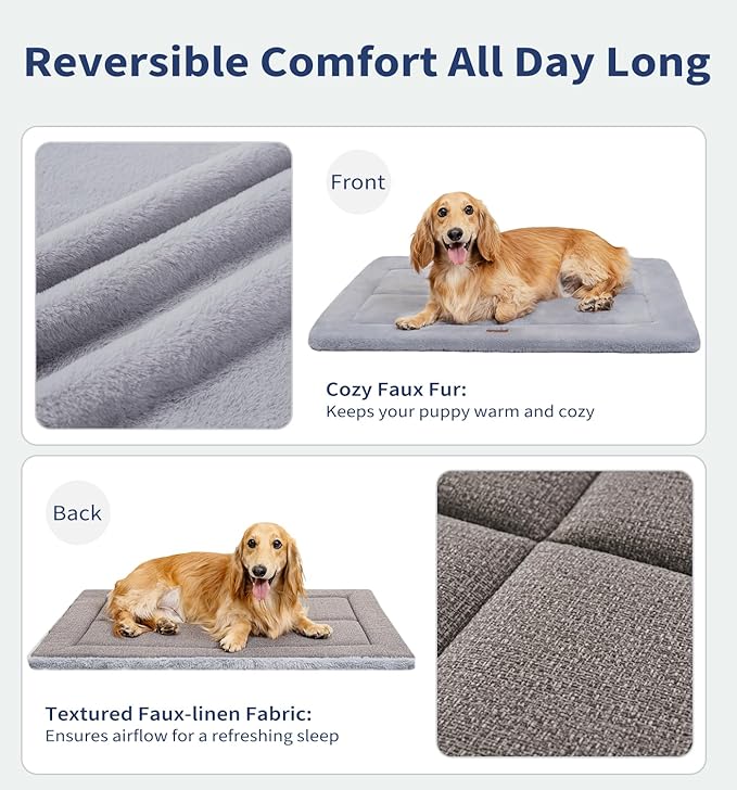MADE 4 PETS Dog Crate Pad Bed for Small Dogs, Washable & Reversible, Anti-Slip Kennel Mat for Cozy Sleeping, Soft Fluffy Dog Bed for Indoor & Outdoor Use, 24"x18", Gray