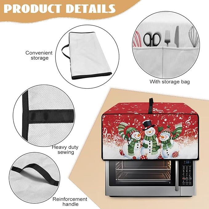Christmas Convection Toaster Oven Cover with Pockets, Holiday Decor Smart Microwave Baking Oven Dust Cover for Countertop, L, 18.5 x 22.5 x 13 Inches, Snowman Musical Note Red