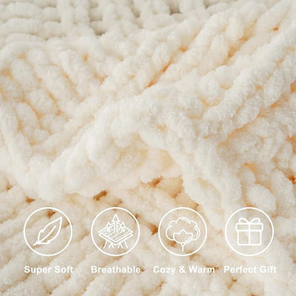 Battilo Cream Chunky Knit Throw Blanket for Couch, Super Soft Chenille Throw Blanket Cozy Warm Thick Ivory White Cable Knitted Blanket for Sofa, Bed, Living Room, 50"x60"