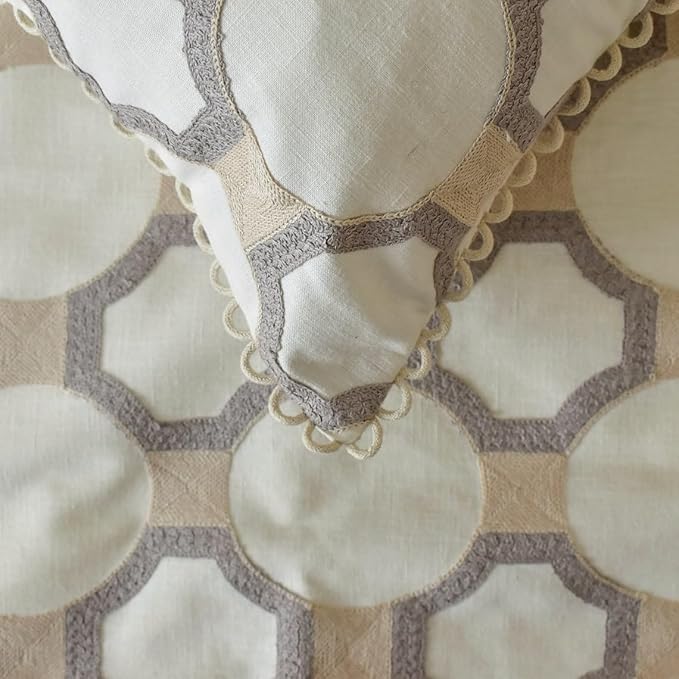The HomeCentric King/Queen/Twin White, Beige & Grey Decorative King 90"x18" Bed Runner with One Pillow Cover, Embroidered, Bouclet & Lace Bed Scarf on Cotton Fabric - Threaded Geometry