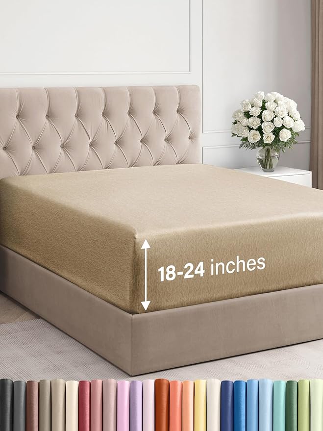 Extra Deep Cal King Fitted Sheet - Hotel Luxury Single Fitted Sheet Only - Easily Fits 18 inch to 24 inch Mattress - Ultra Soft, Wrinkle Free w/Extra Deep Pockets - Breathable & Comfy - Heathered Tan