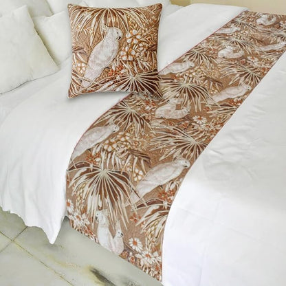 The HomeCentric Beige Bed Runner for King/Queen/Twin Cotton Decorative Bed Scarf 53"x18" Bed Runner Without Pillow Cover, Bird & Floral Bed Scarf Bedroom Décor Accent - Cockatoo Song