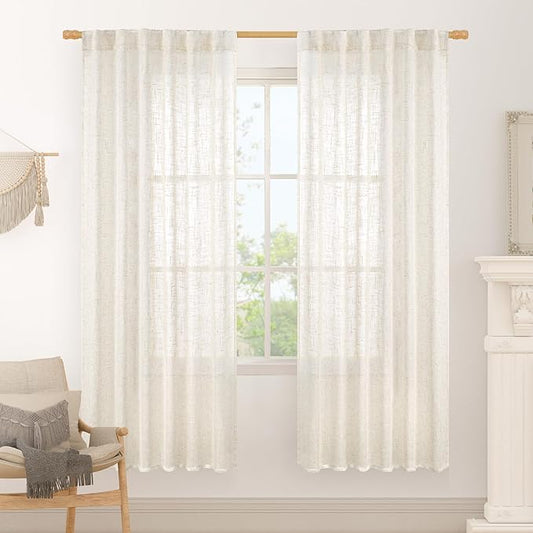 LAMIT Cream Linen Boho Curtains, 78 inch Length, 2 Panels, Light Filtering Semi Sheer, Back Tab and Rod Pocket, Neutral Panels for Bedroom/Living Room, 52 x 78 Inch