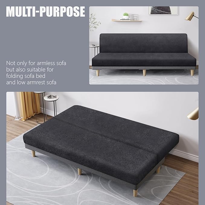 molasofa Leather Like Stretch Futon Slipcover Armless Futon Bed Sofa Cover Furniture Protector with Elastic Bottom, Soft and Washable Futon Cover for Sofa Bed Stay in Place（X Larger，Dark Grey）