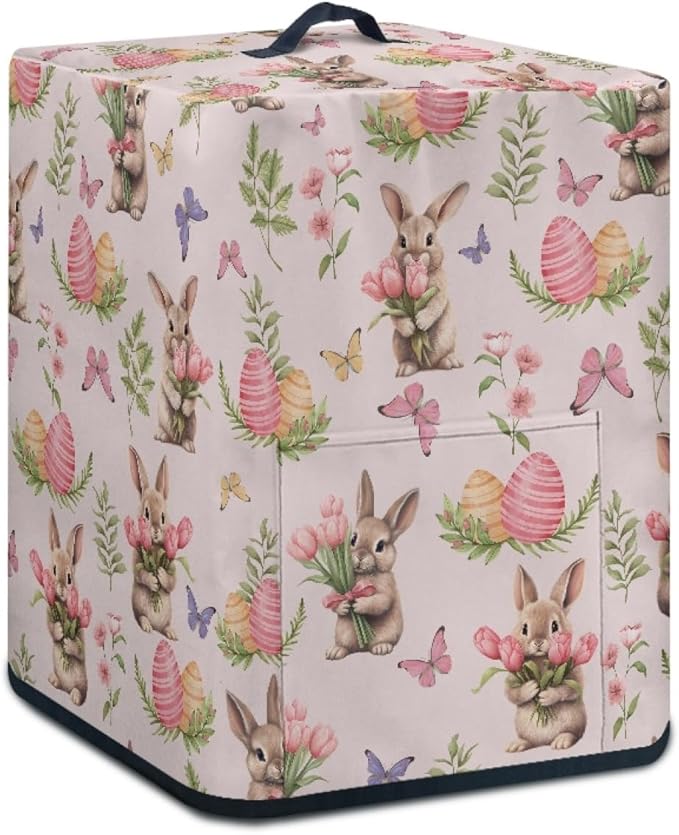 Tulip Floral Bunny Print Air Fryer Cover with Pocket and Top Handle, Happy Easter Decor Kitchen Appliance Protective Cover Electric Appliance Cover for Air Fryer