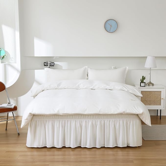 MEILA Wrap Around Bed Skirt Three Fabric Sides Elastic Dust Ruffled 16 Inch Tailored Drop,Easy to Install Fade Resistant-Natural White, Twin/Full