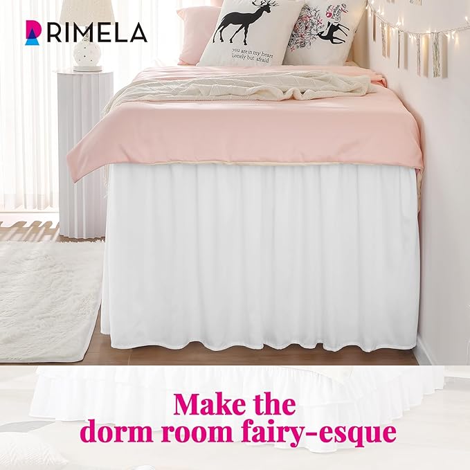 RIMELA Dorm Bed Skirt Twin XL 42 Inch Drop, Easy to Install Extra Long Wrap Around Elastic Dust Ruffle, White Bedskirt Solid Silky Fabric Machine Washable (Twin XL 80“L x 39”W & Twin 75“L x 39”W)