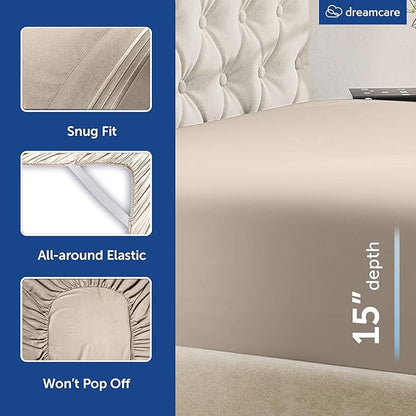 DREAMCARE Queen Size Sheets - Cooling Bed Sheets - 4pcs Set - up to 15" Deep Pocket Queen Sheet Set - Sheets Queen Size Bed - Soft & Long Lasting 100% Fine Microfiber with Side Pocket - Beige
