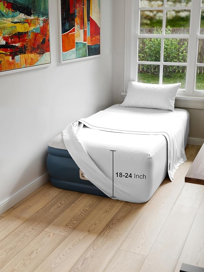 Air Mattress Sheet Set for Twin Size - 3 Piece Breathable & Cooling Sheets w/Extra Deep Pockets - Fits Inflatable & Blow Up Air Mattresses Up to 24 Inches Thick - Ultra Soft & Wrinkle Free - White