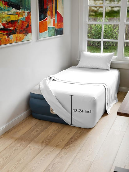 Air Mattress Sheet Set for Twin Size - 3 Piece Breathable & Cooling Sheets w/Extra Deep Pockets - Fits Inflatable & Blow Up Air Mattresses Up to 24 Inches Thick - Ultra Soft & Wrinkle Free - White
