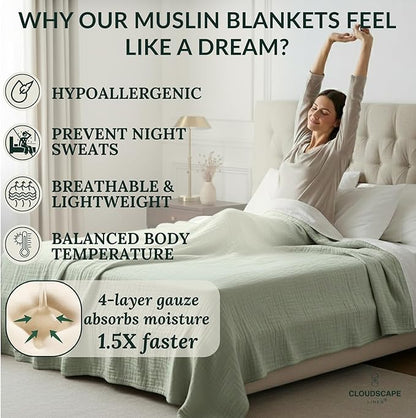 Cloud Scape Linen Oversized 4 Layer Muslin Blanket Twin Size - 100% Cotton, Lightweight & Breathable All Season Gauze, Pre-Washed, for Bed, Couch, fits Twin XL Bed,68x92, Sage Green